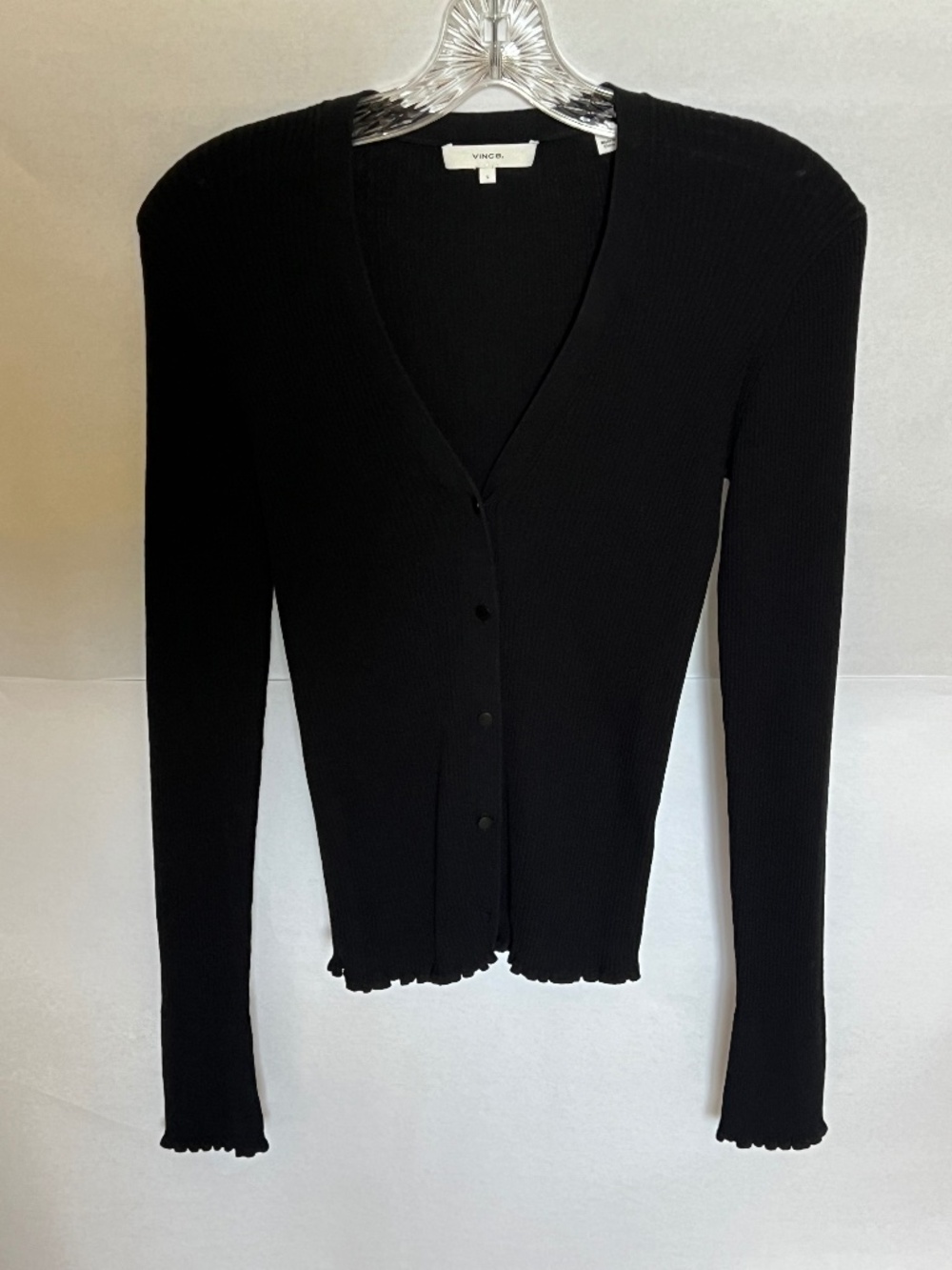 Vince Black Ribbed Ruffle Trim Cardigan